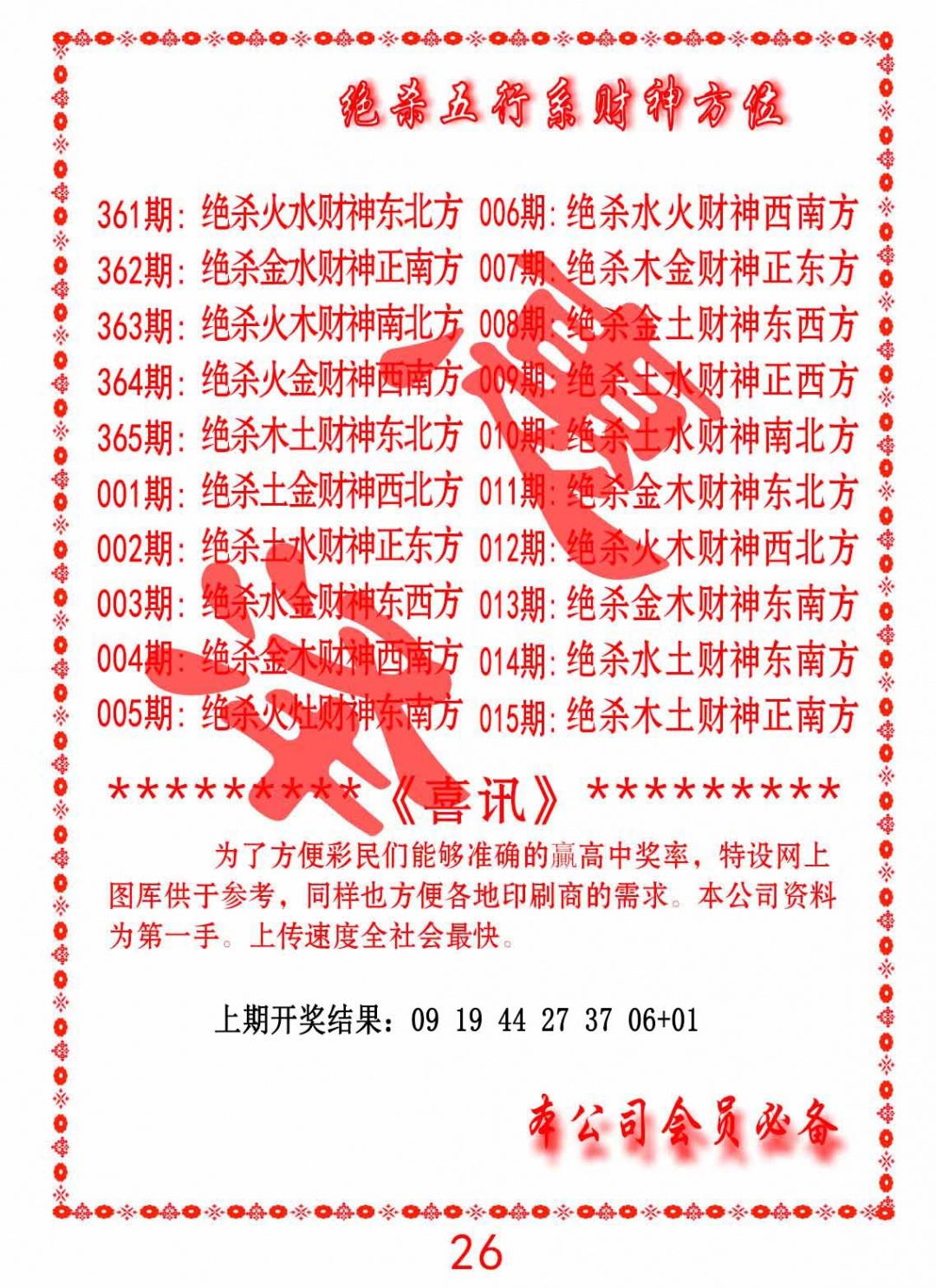 014期绝杀五行及财神方位[图]
